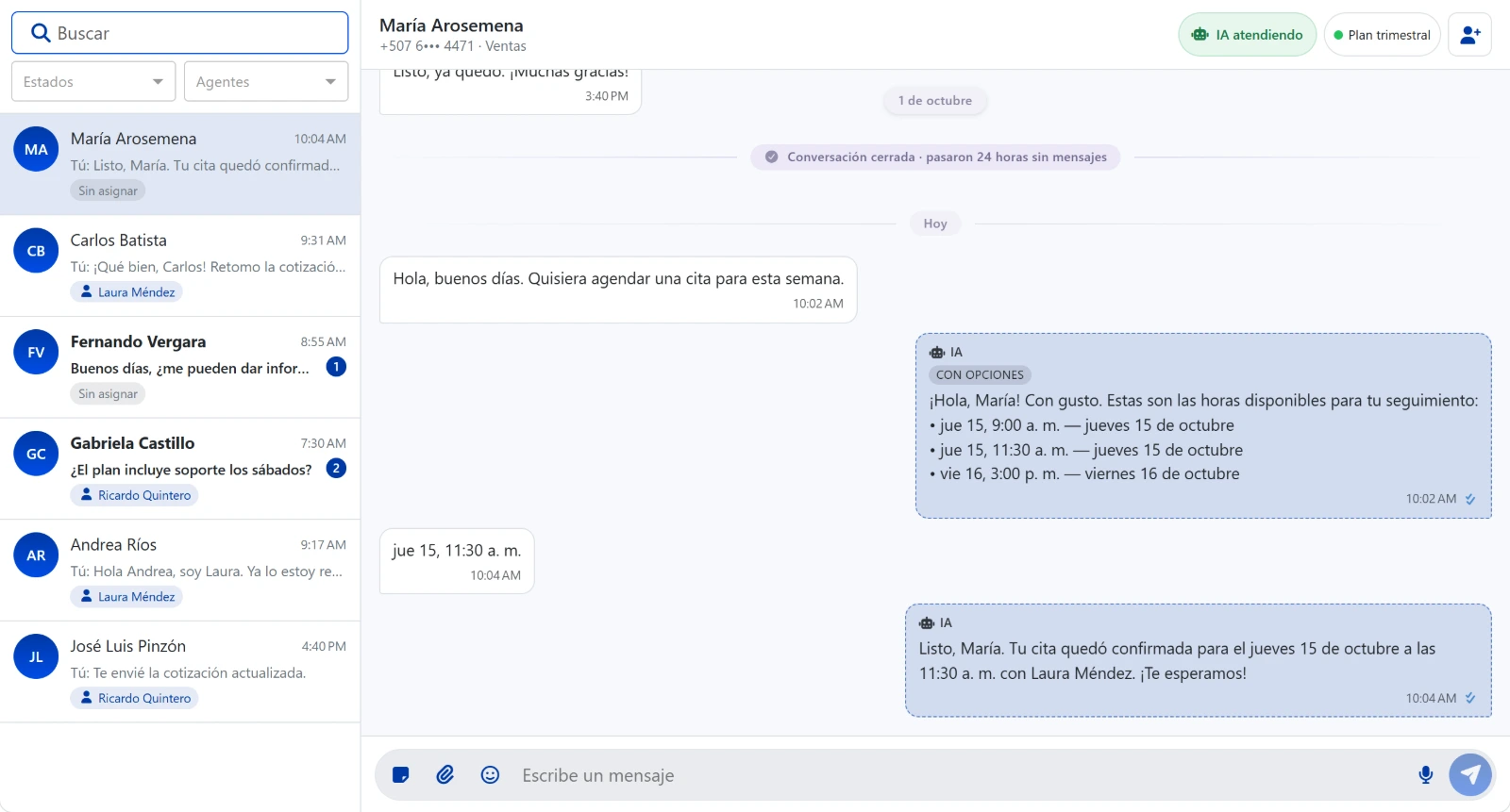 Bandeja de conversaciones de JE Solutions: la IA ofrece horarios disponibles con opciones y confirma la cita del cliente.