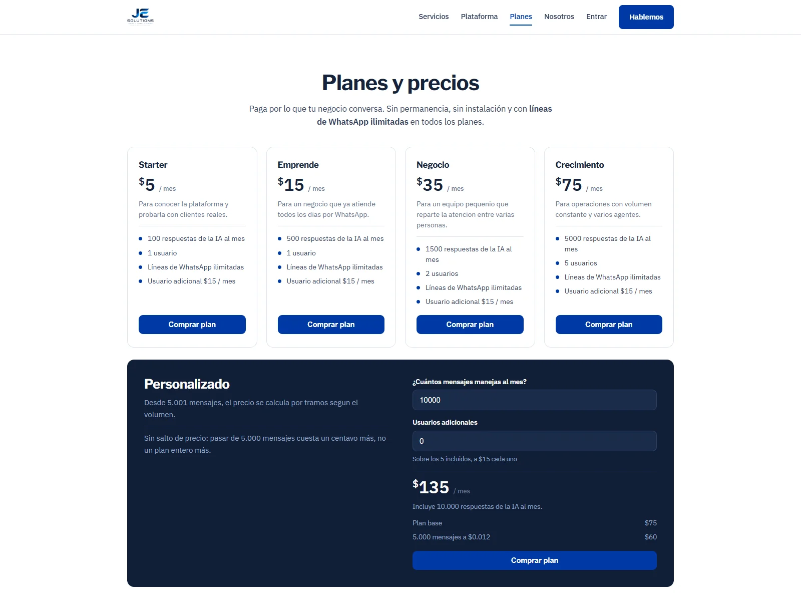Página pública de planes y precios de JE Solutions: cuatro planes mensuales y un plan personalizado que calcula el precio por volumen.